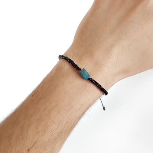 Męska bransoletka na sznurku niebieski apatyt Little apatite cylinder polished black