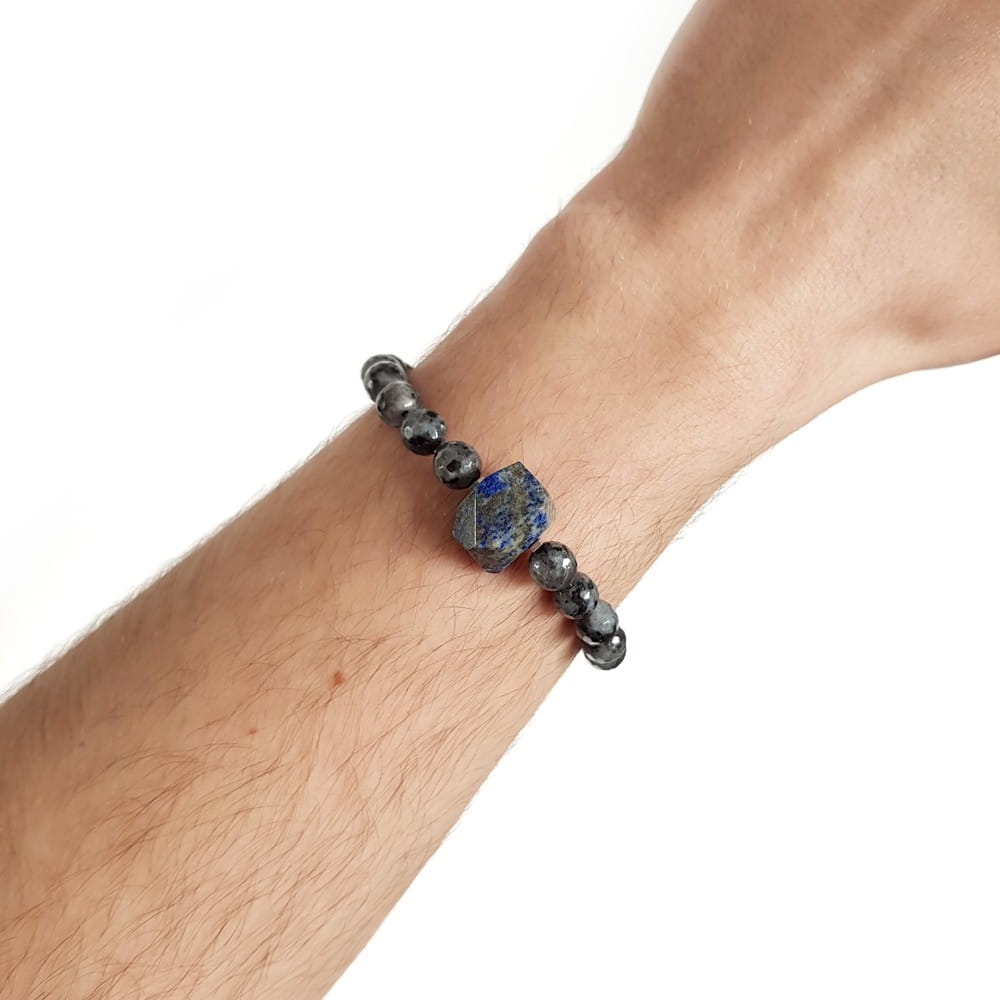 Męska bransoletka z kamieni naturalnych lapis lazuli, larvikit i hematyt