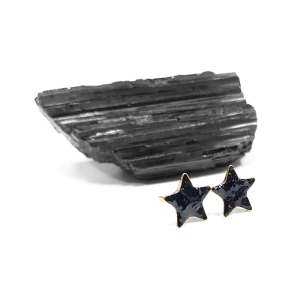 Kolczyki sztyfty gwiazdki czarny turmalin w żywicy pozłacane srebro p.925 Sparkles black