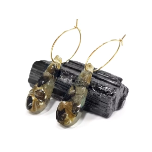 Kolczyki unikaty wiszące labradoryt łezki na złotych kółeczkach stal chirurgiczna Sparkles labradorite