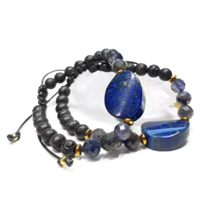 Pebbles x Balance damska bransoletka lapis lazuli, iolit, lawa wulkaniczna i hematyt - czakra trzeciego oka
