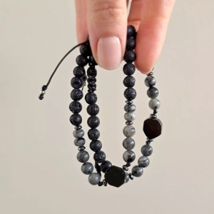 Pebbles męska bransoletka czarny turmalin, larvikit, lawa wulkaniczna i hematyt