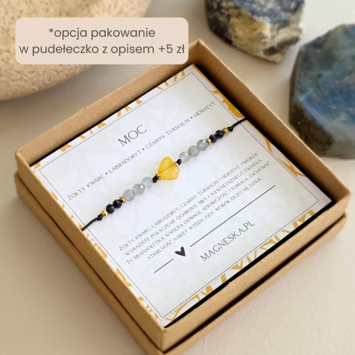 Bransoletka z kwarcem lemon w kształcie serduszka, labradorytem, czarnym turmalinem i hematytem na czarnym sznurku, ręcznie tworzona biżuteria z kamieni naturalnych w sklepie magneska.mom