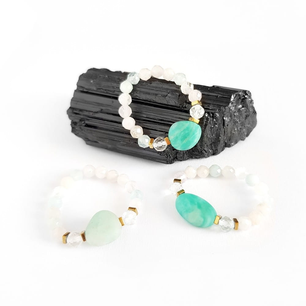 Pierścionek elastyczny amazonit, topaz, morganit i hematyt Turquoise point