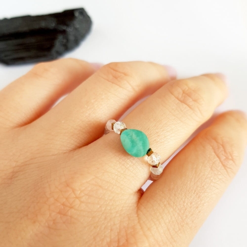 Pierścionek elastyczny amazonit, topaz, morganit i hematyt Turquoise point
